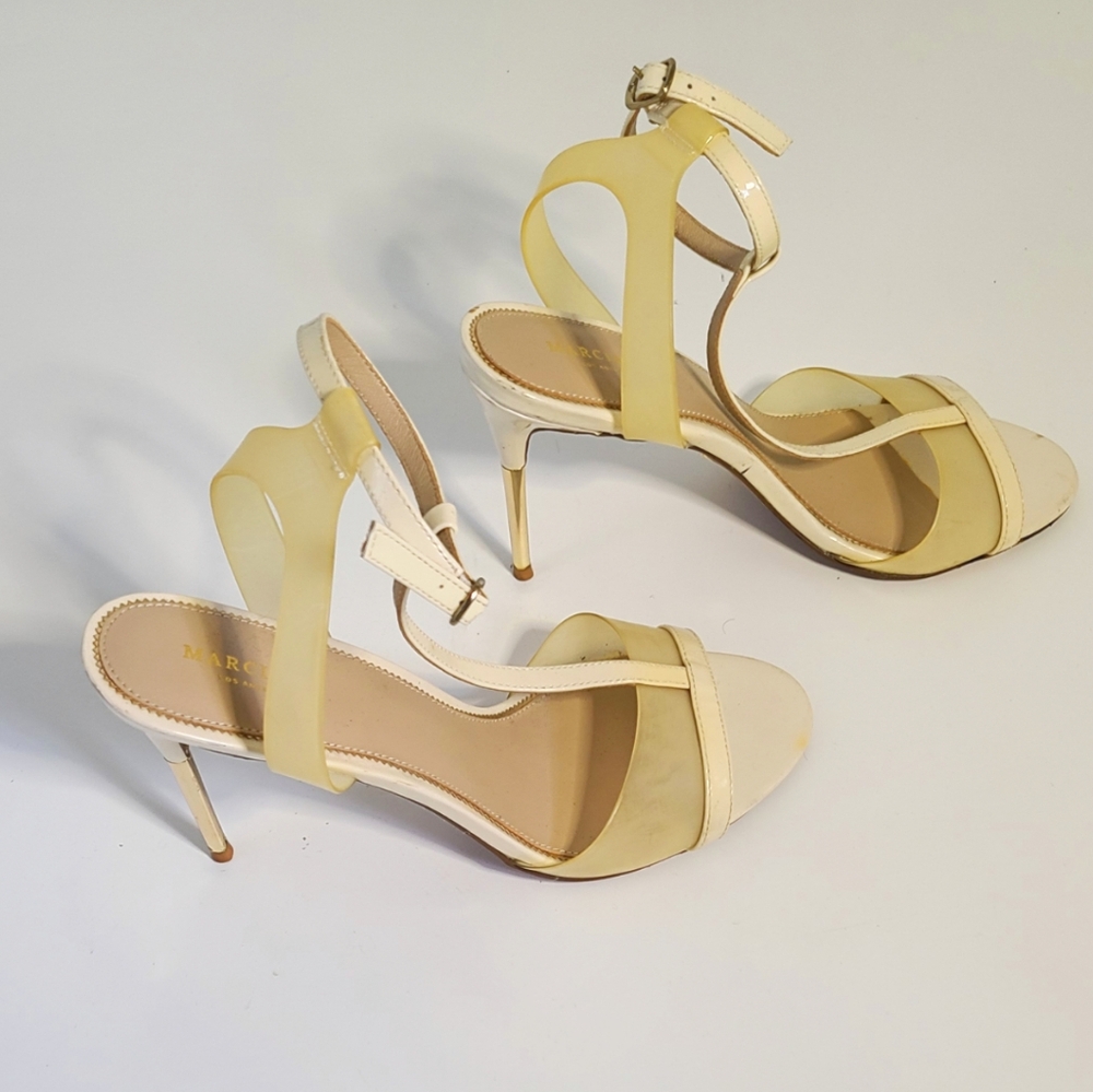 Marciano cream and pvc t strap cut-out leather heels size 41